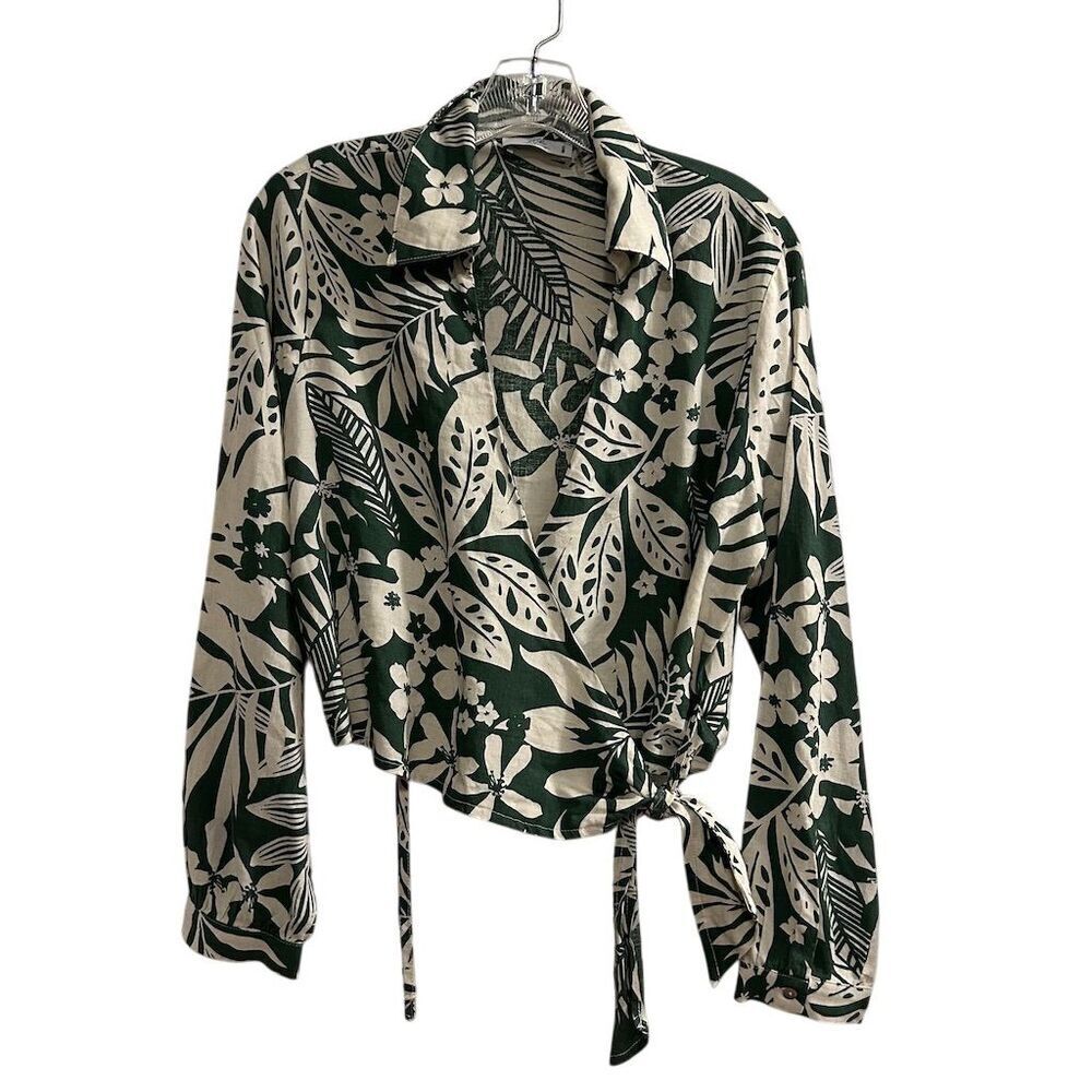 Stile Collection Women's Floral Wrap Blouse Green‎ V-Neck Long Sleeve S